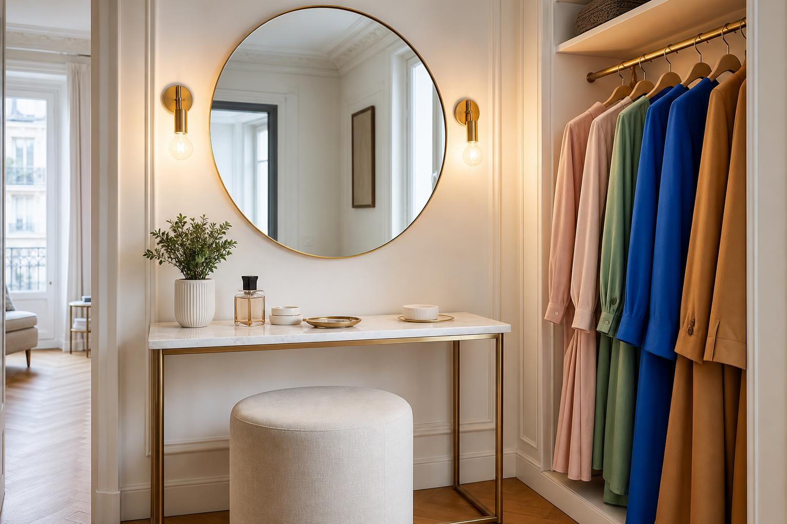 Coin maquillage et dressing parisien avec appliques à IRC élevé valorisant les couleurs des vêtements