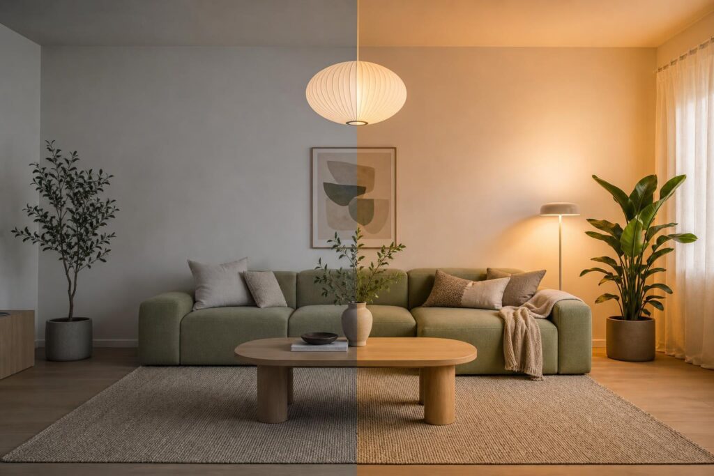 Salon scandinave éclairé avec deux rendus de couleurs différents comparant IRC bas et IRC élevé
