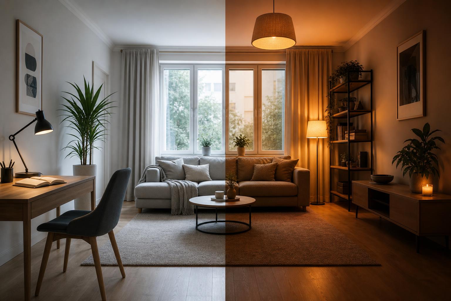 Même pièce en lumière froide de travail versus ambiance chaude tamisée connectée