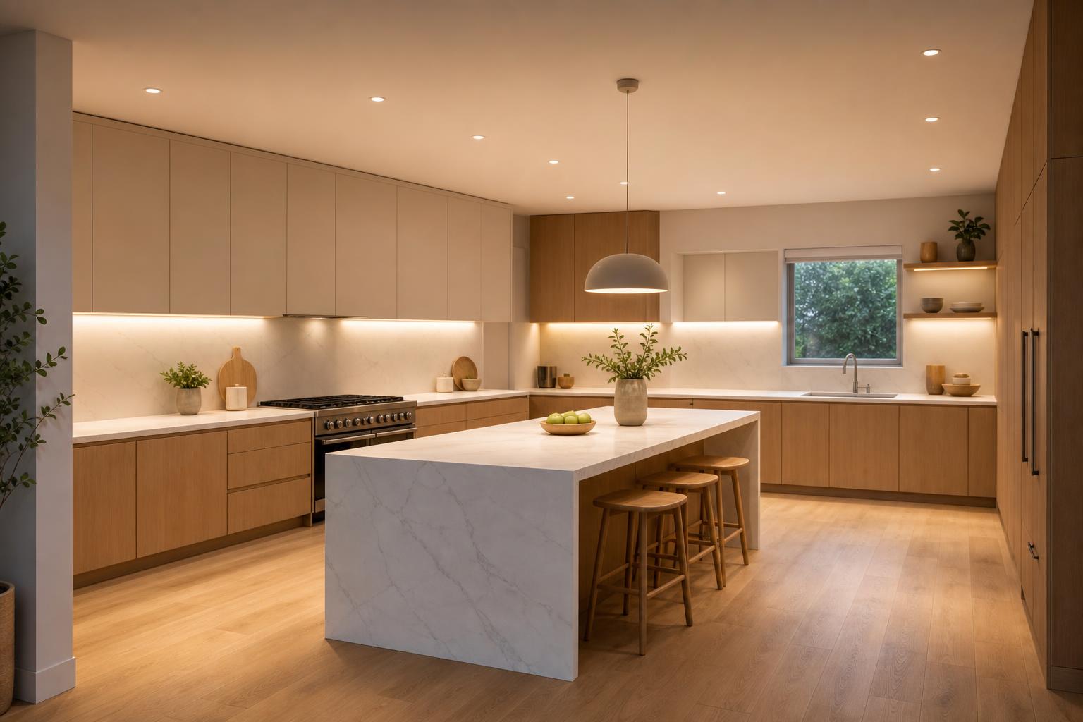 Cuisine moderne bien éclairée avec LED 3000K spots encastrés bandeau sous meuble et suspension îlot