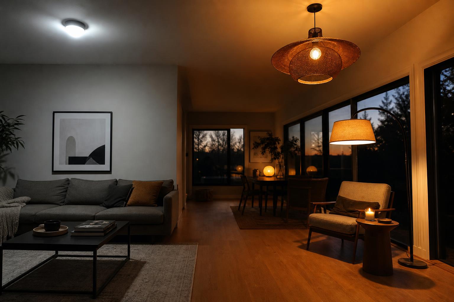 Salon moderne avec contraste éclairage unique central versus luminaires superposés chaleureux