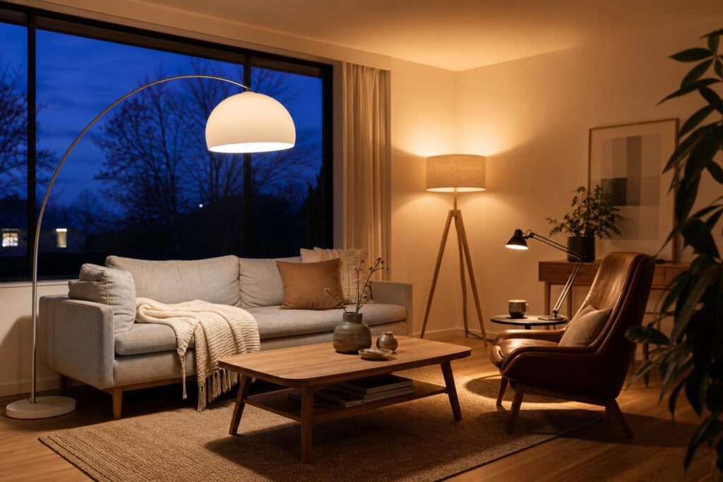 Salon lumineux avec lampadaire arc trépied et liseuse au crépuscule