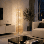 Lampadaire bohème en rotin tressé coloris beige, vue 8