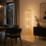 Lampadaire bohème en rotin tressé, rotin beige