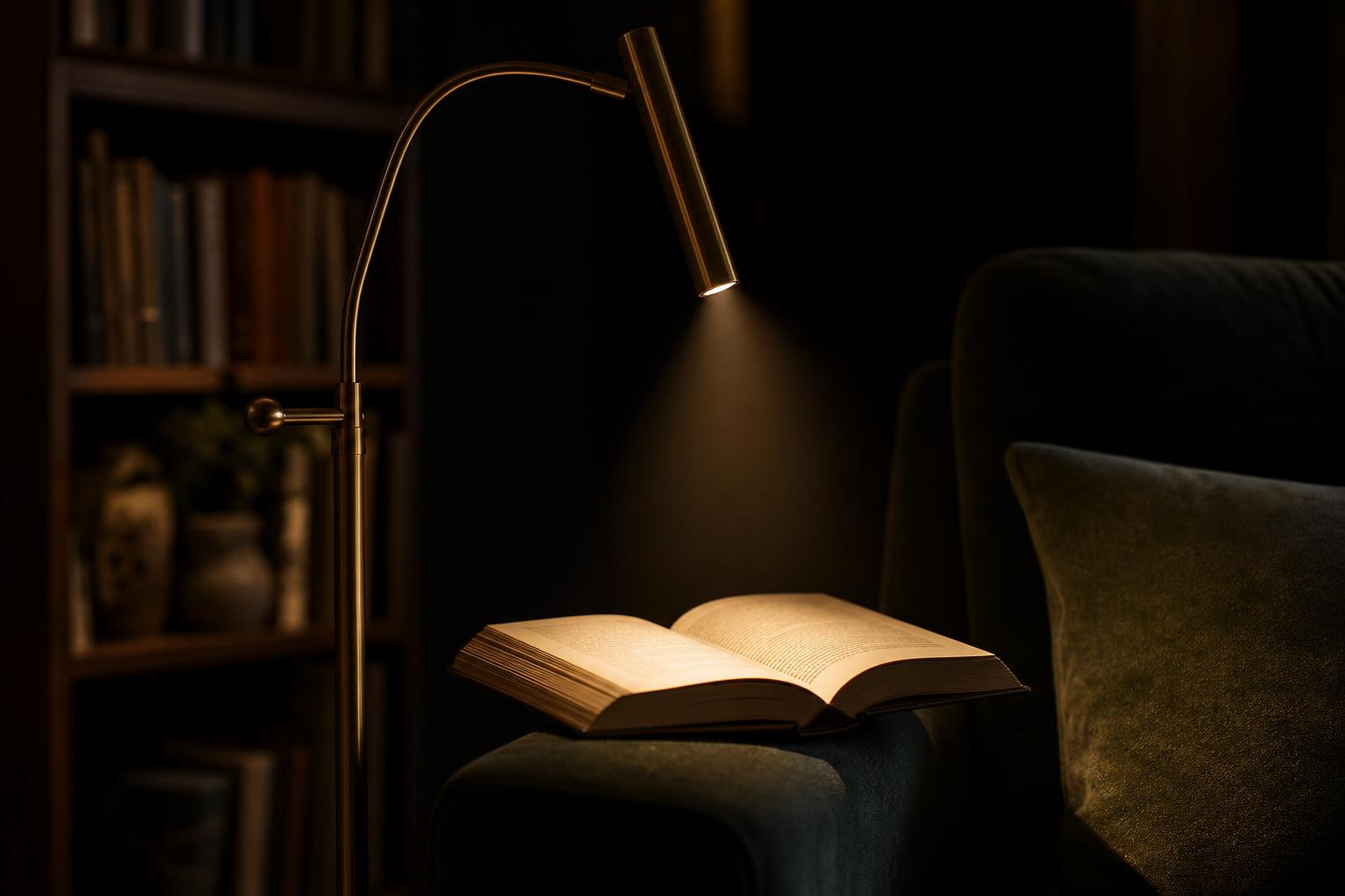Liseuse en métal brossé éclairant un livre ouvert ambiance intimiste