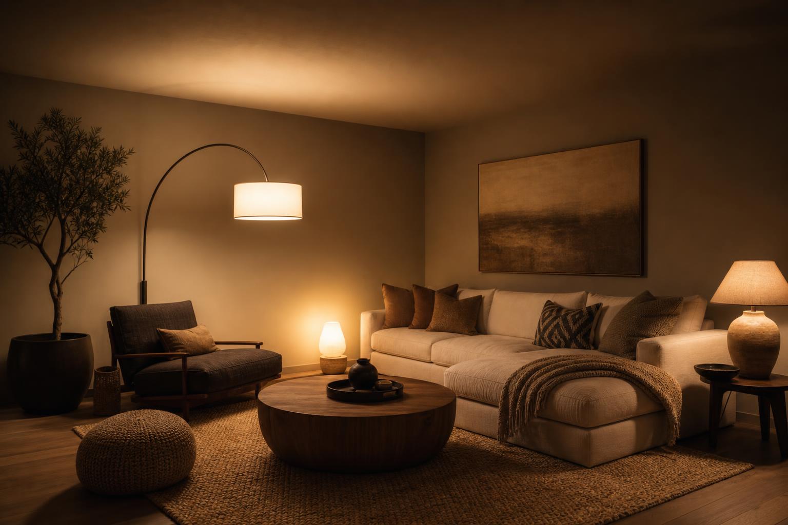 Lampadaire et sources lumineuses multiples salon plafond bas profondeur