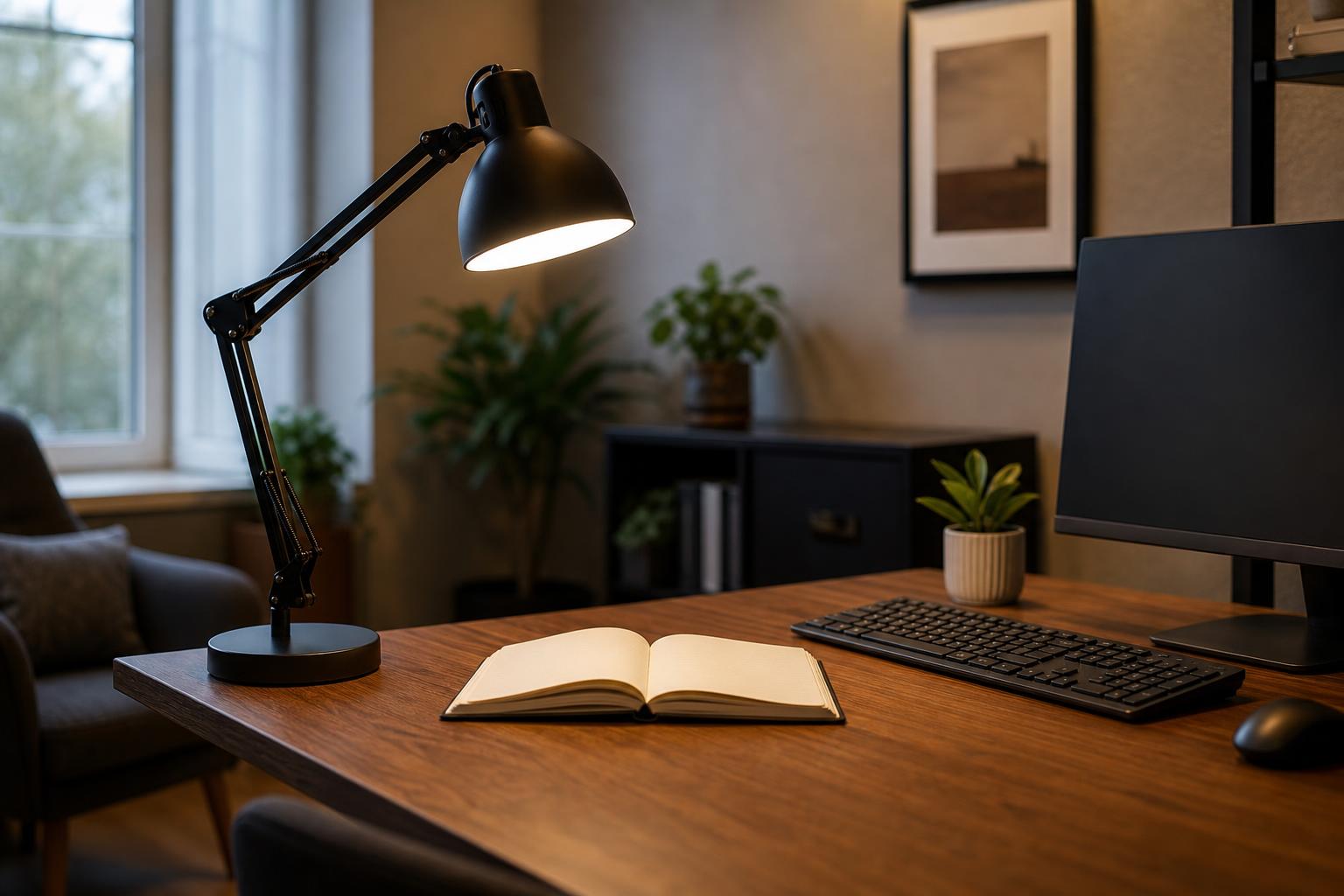 Lampe de bureau orientable éclairant un plan de travail en bois