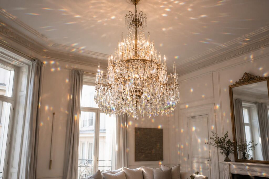 Lustre en cristal à pendeloques allumé diffusant éclats de lumière salon blanc élégant