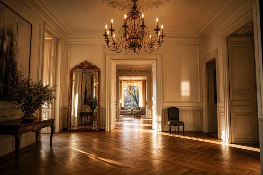 Lustre laiton grande taille dans entrée haussmannienne plafond haut
