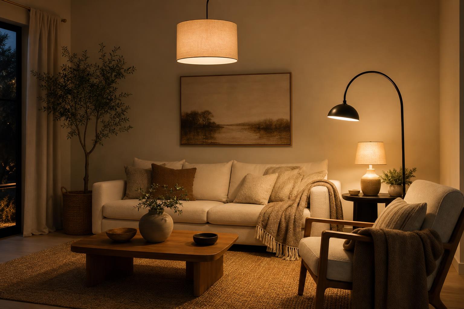 Salon scandinave avec trois sources lumineuses superposées suspension lampadaire lampe décorative