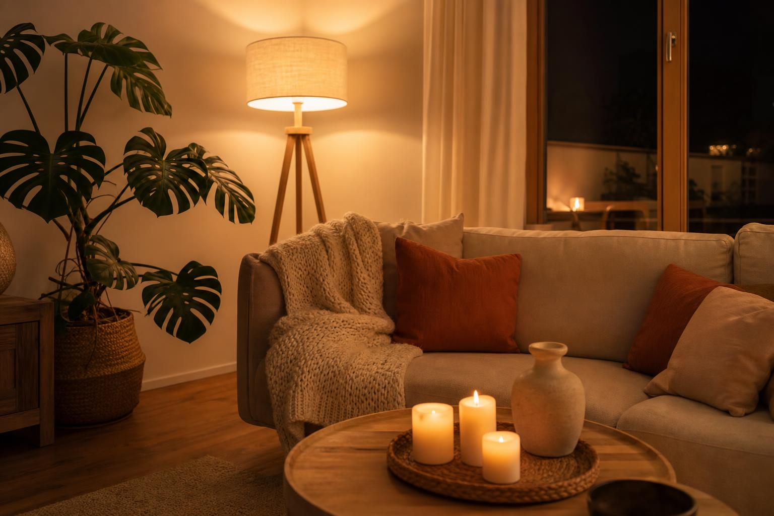 Salon cosy en soirée avec lampadaire trépied bougies et ambiance hygge