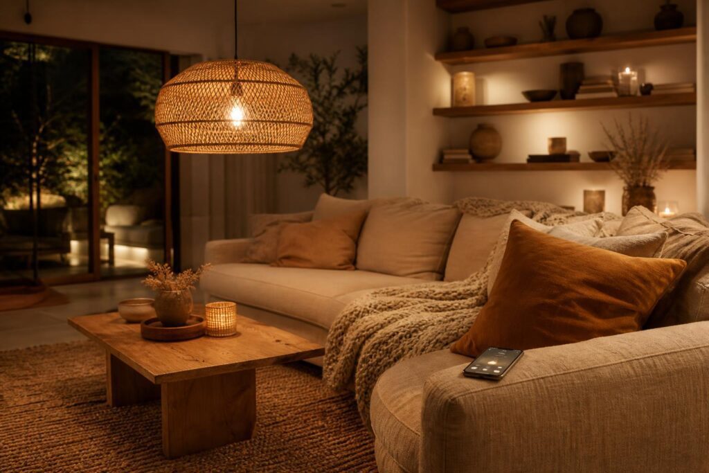 Salon cosy en soirée avec suspension en rotin et ampoule connectée tamisée