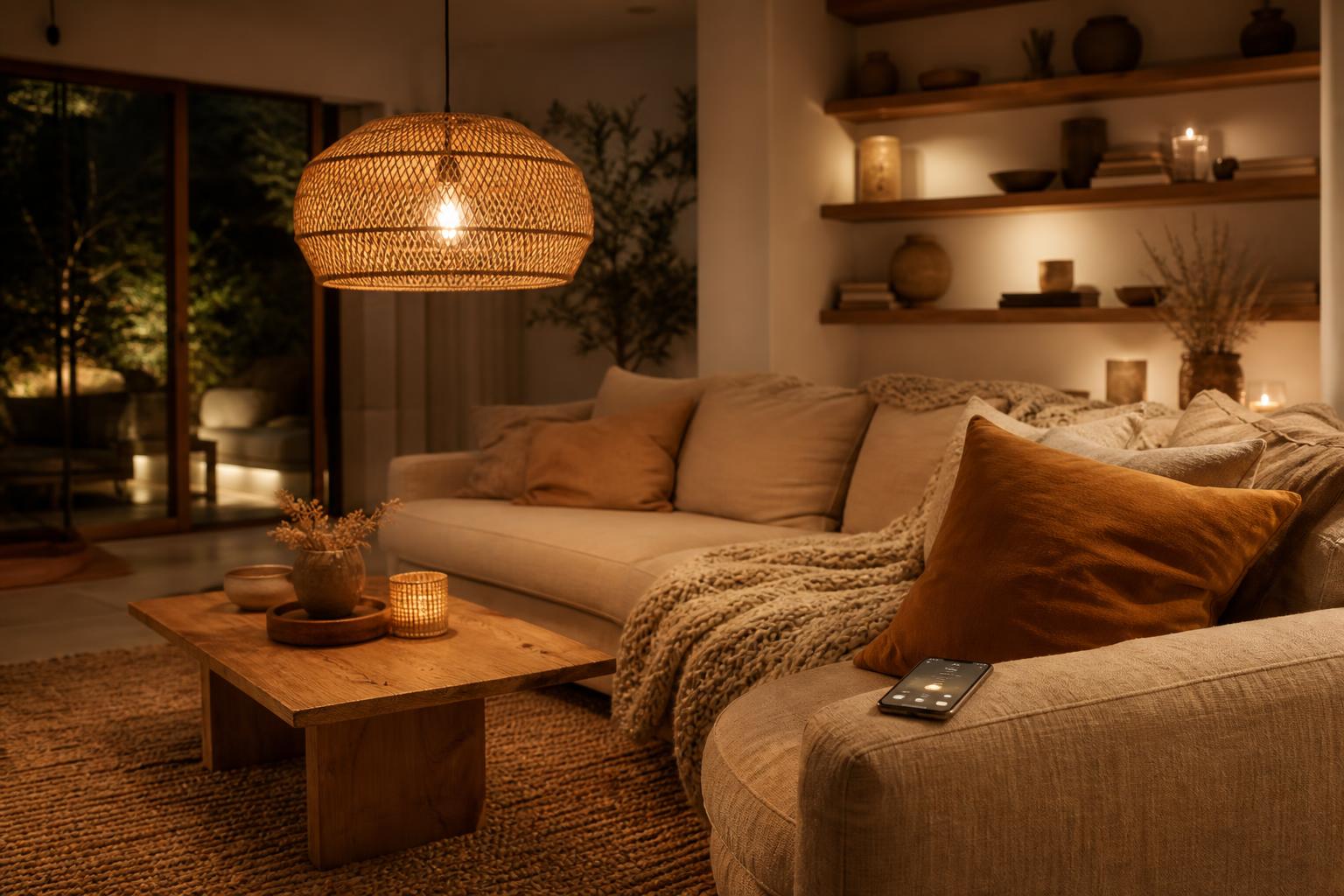 Salon cosy en soirée avec suspension en rotin et ampoule connectée tamisée