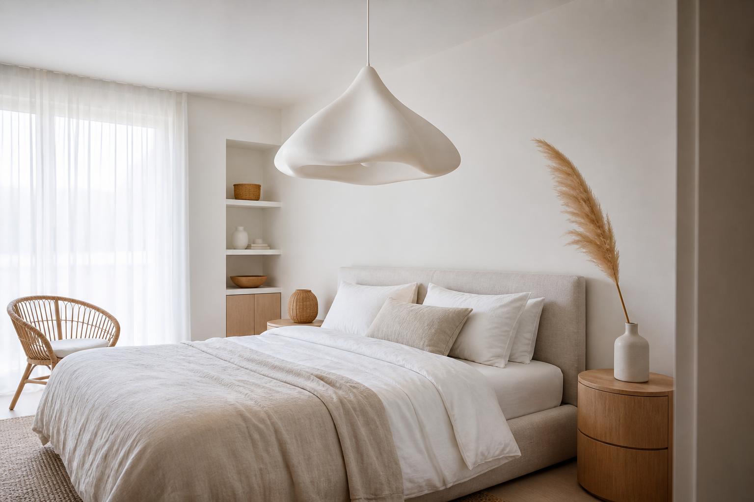 Suspension blanche chambre scandinave rotin bois naturel épuré