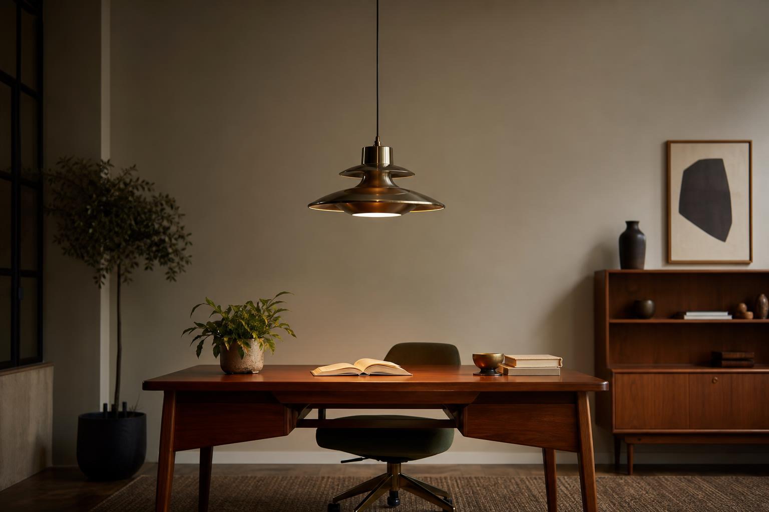 Suspension design en métal au-dessus d'un bureau en bois élégant