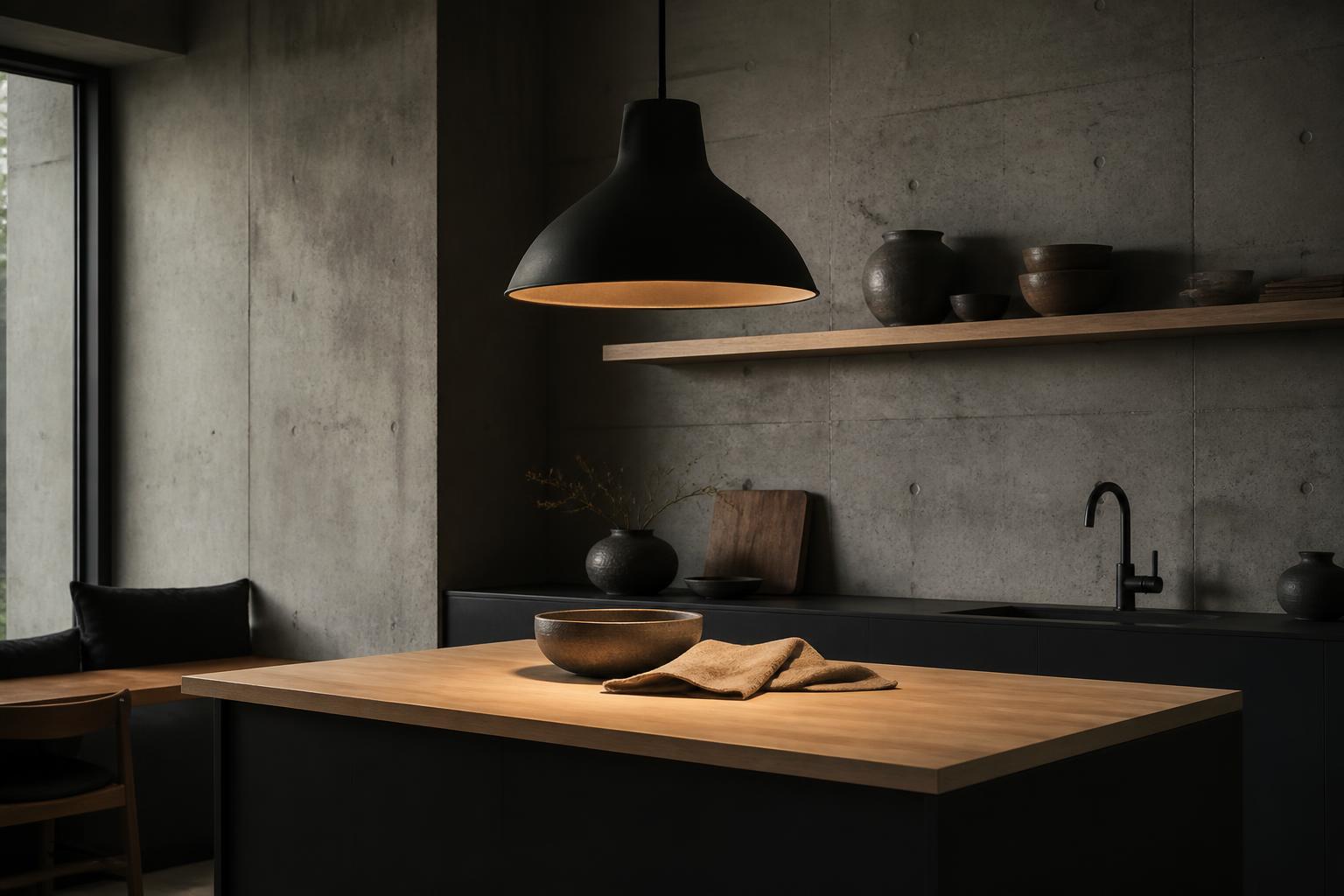 Suspension noire mat cuisine béton bois clair style japandi industriel