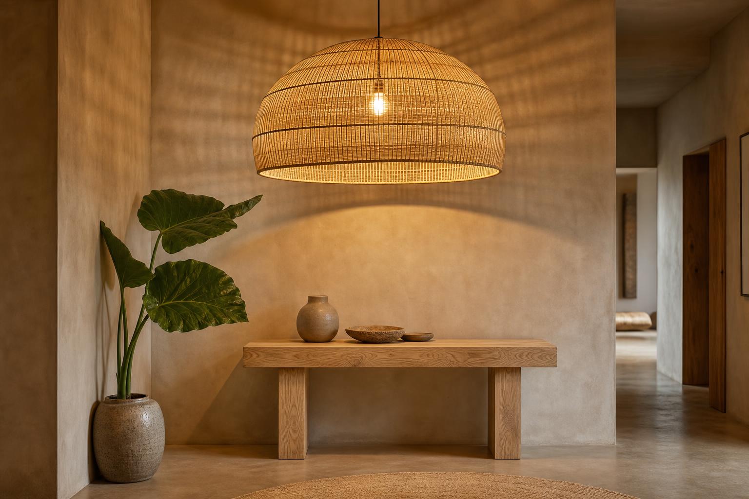 Suspension rotin XXL entrée design béton ciré ambiance wabi-sabi lumineuse