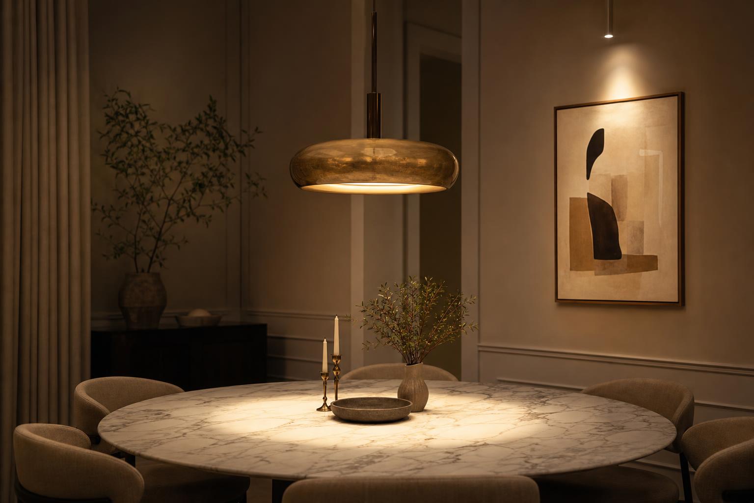 Suspension en verre soufflé laiton au-dessus table marbre, éclairage salle à manger élégante