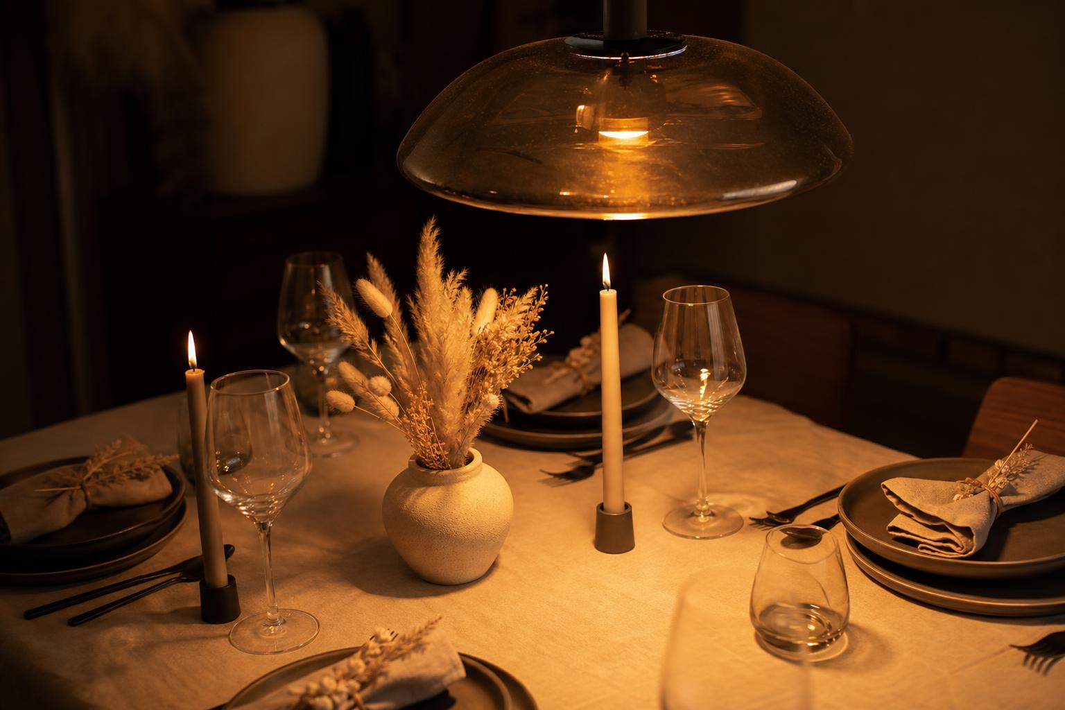Table à manger dressée sous suspension dorée avec ambiance lumière connectée tamisée