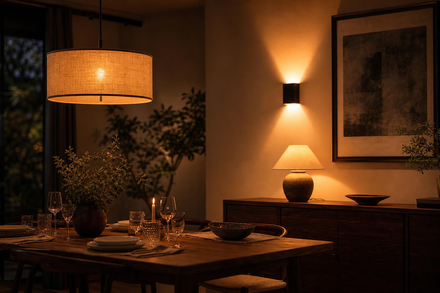 Trois niveaux d'éclairage salle à manger : suspension, applique murale et lampe buffet