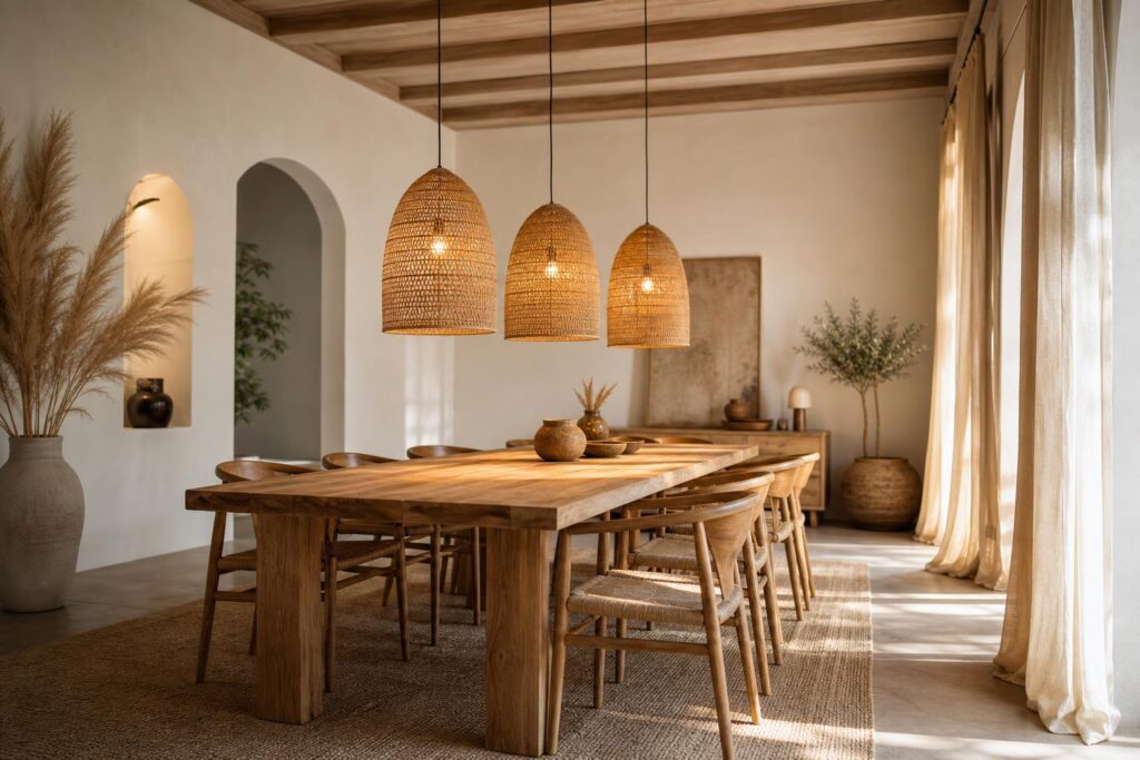 Trois suspensions en rotin alignées au-dessus d'une grande table en bois salle à manger
