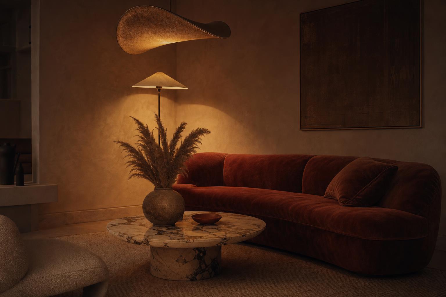 Salon tamisé grâce à un variateur lumière douce ambrée suspension et lampadaire en basse intensité