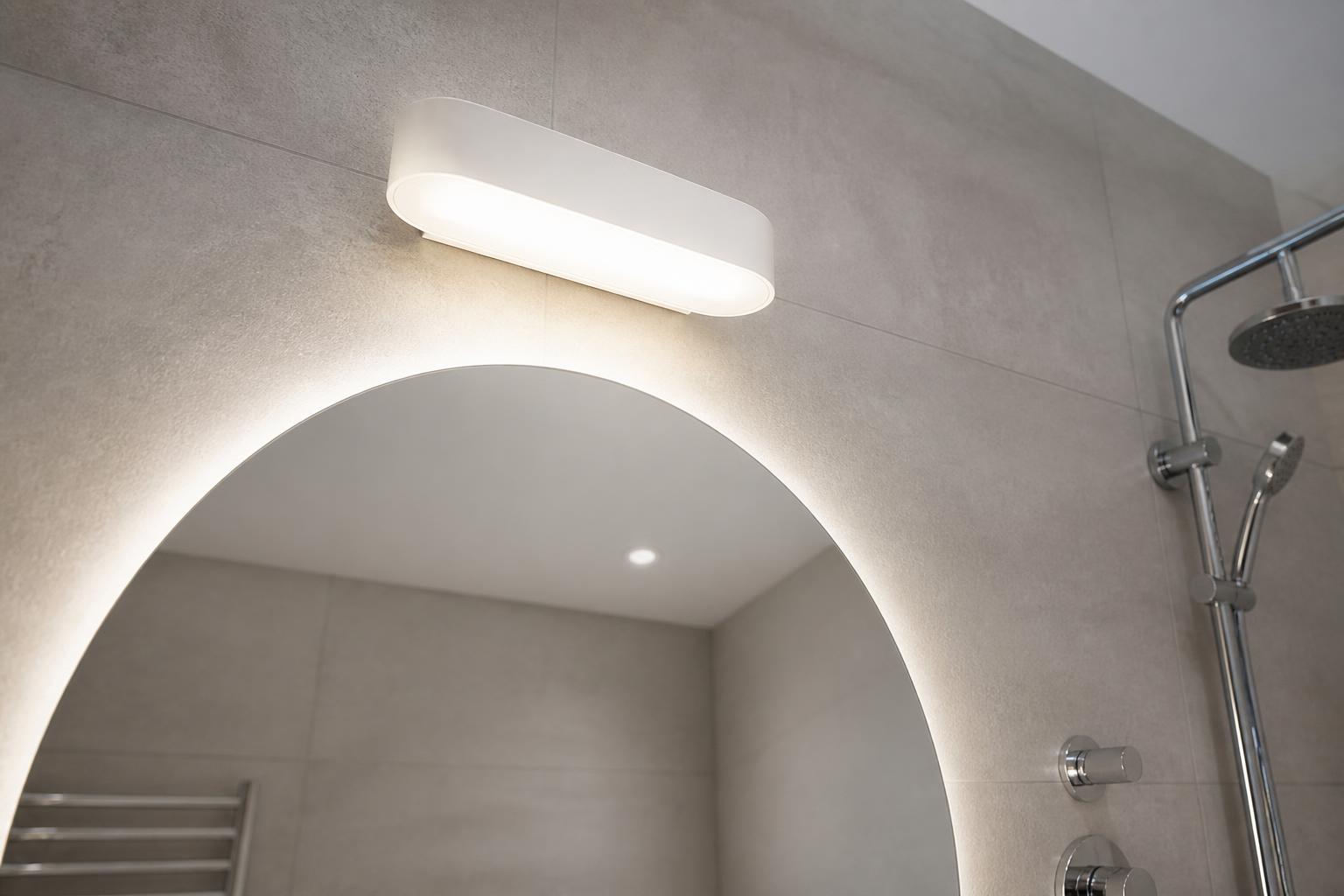Applique IP44 à diffuseur dépoli au-dessus d'un miroir en zone humide salle de bain