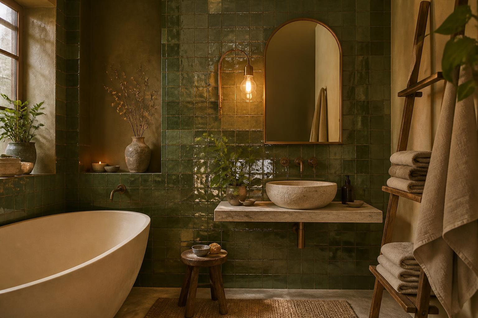 Applique laiton salle de bain zellige vert style japandi ambiance vintage chaleureuse