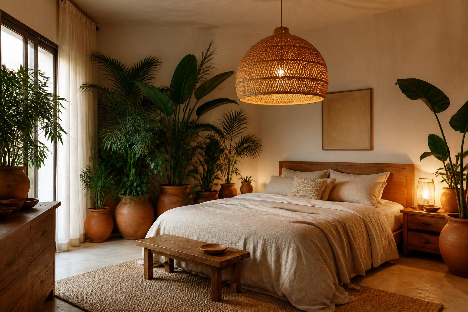 Association déco suspension rotin lin beige plantes vertes chambre nature cocooning