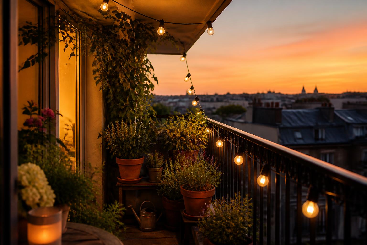 Balcon urbain cosy au coucher du soleil avec guirlande lumineuse extérieure IP65