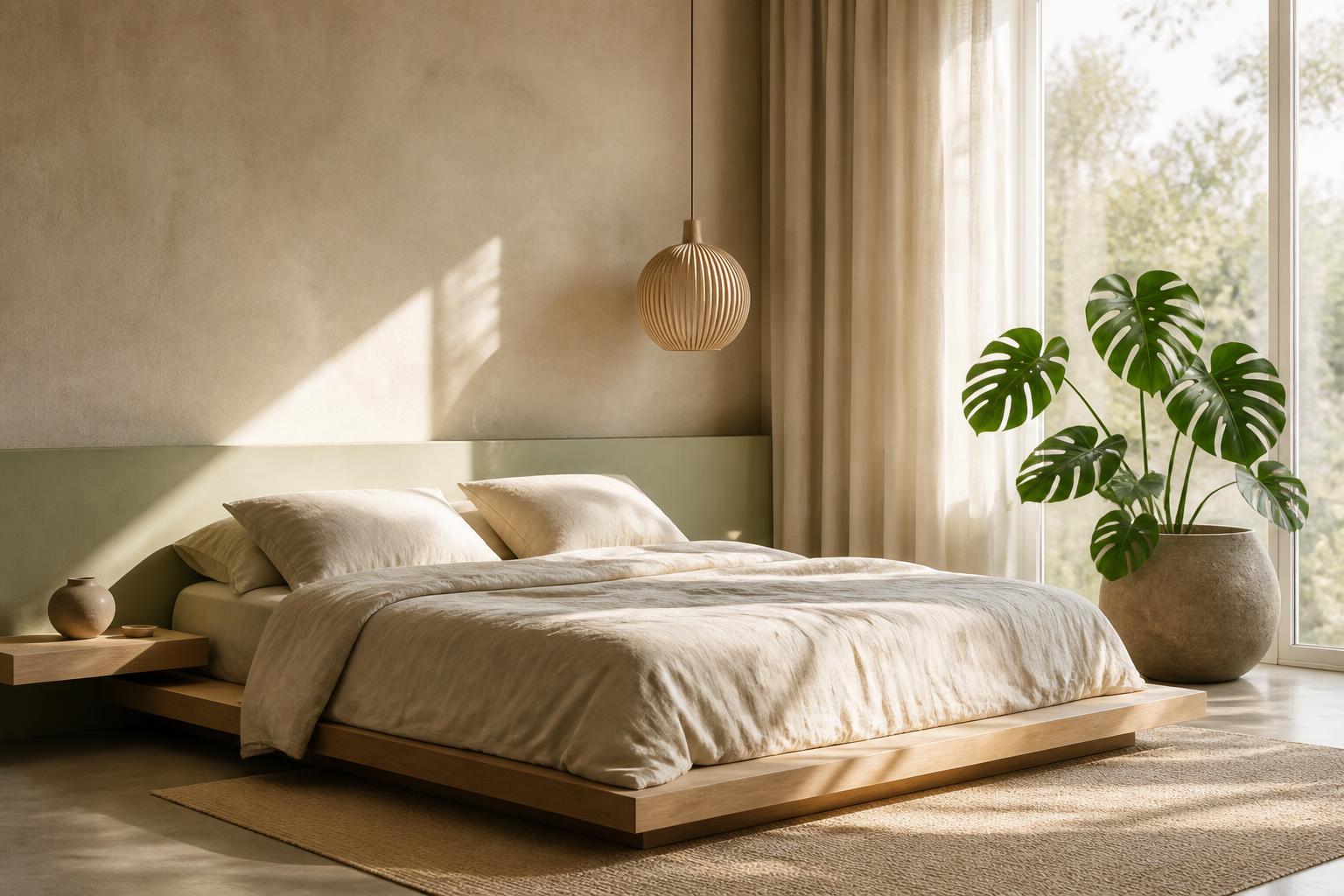 Chambre japandi minimaliste suspension bois laiton lumière naturelle sérénité apaisante