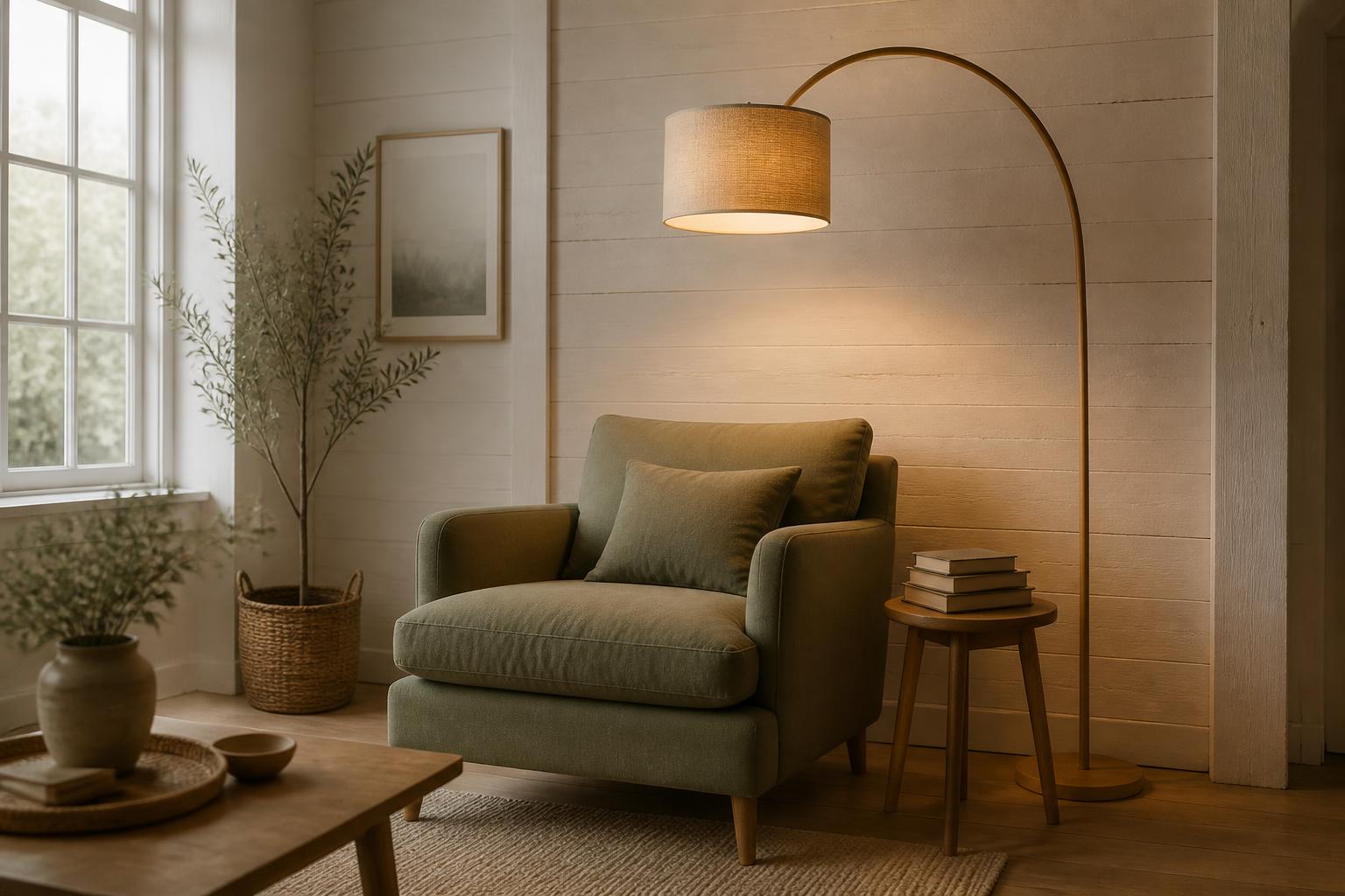 Coin lecture salon fauteuil lin vert sauge lampadaire arc scandinave chaleureux