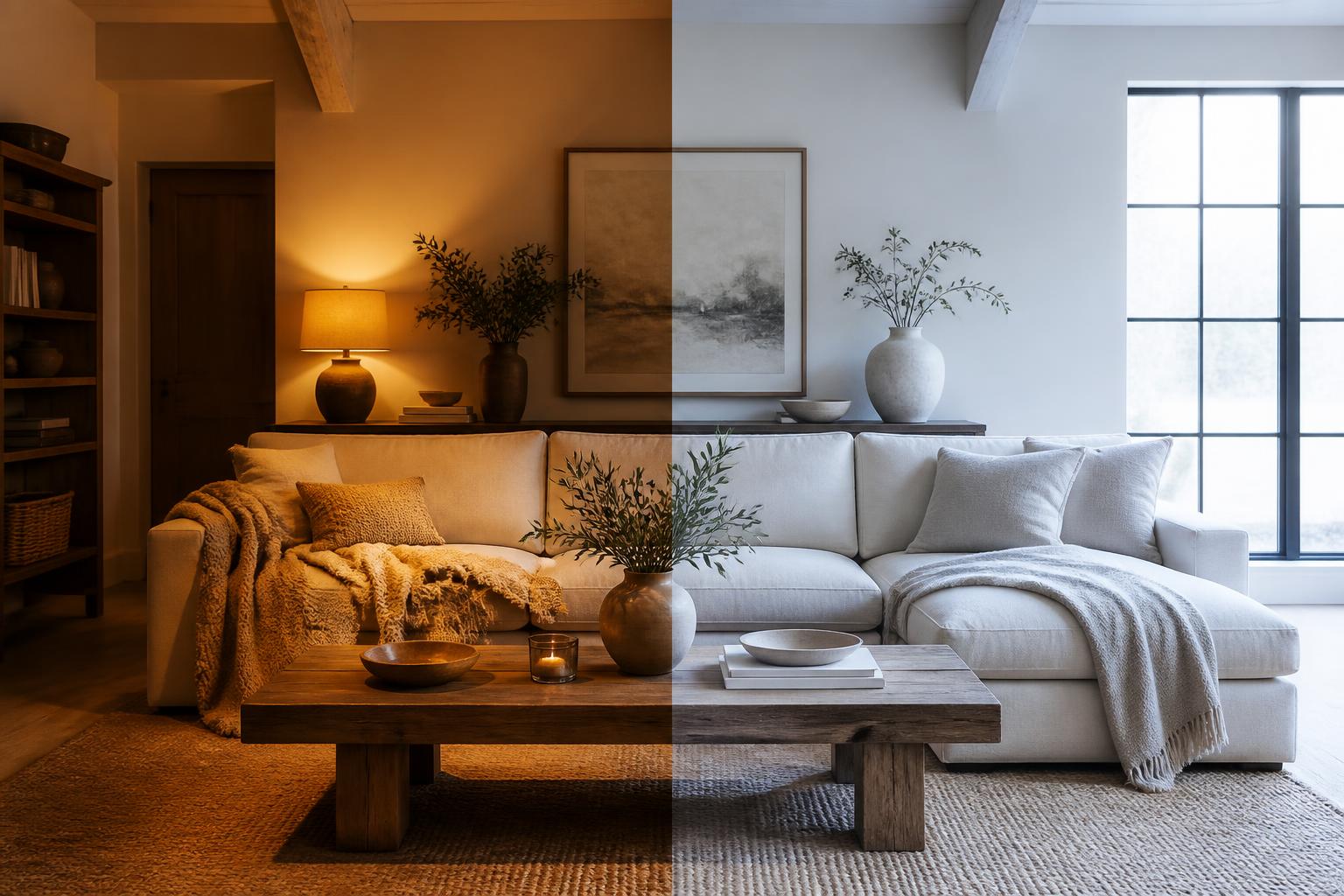 Salon beige éclairé lumière chaude 2700K versus lumière froide 6500K comparaison