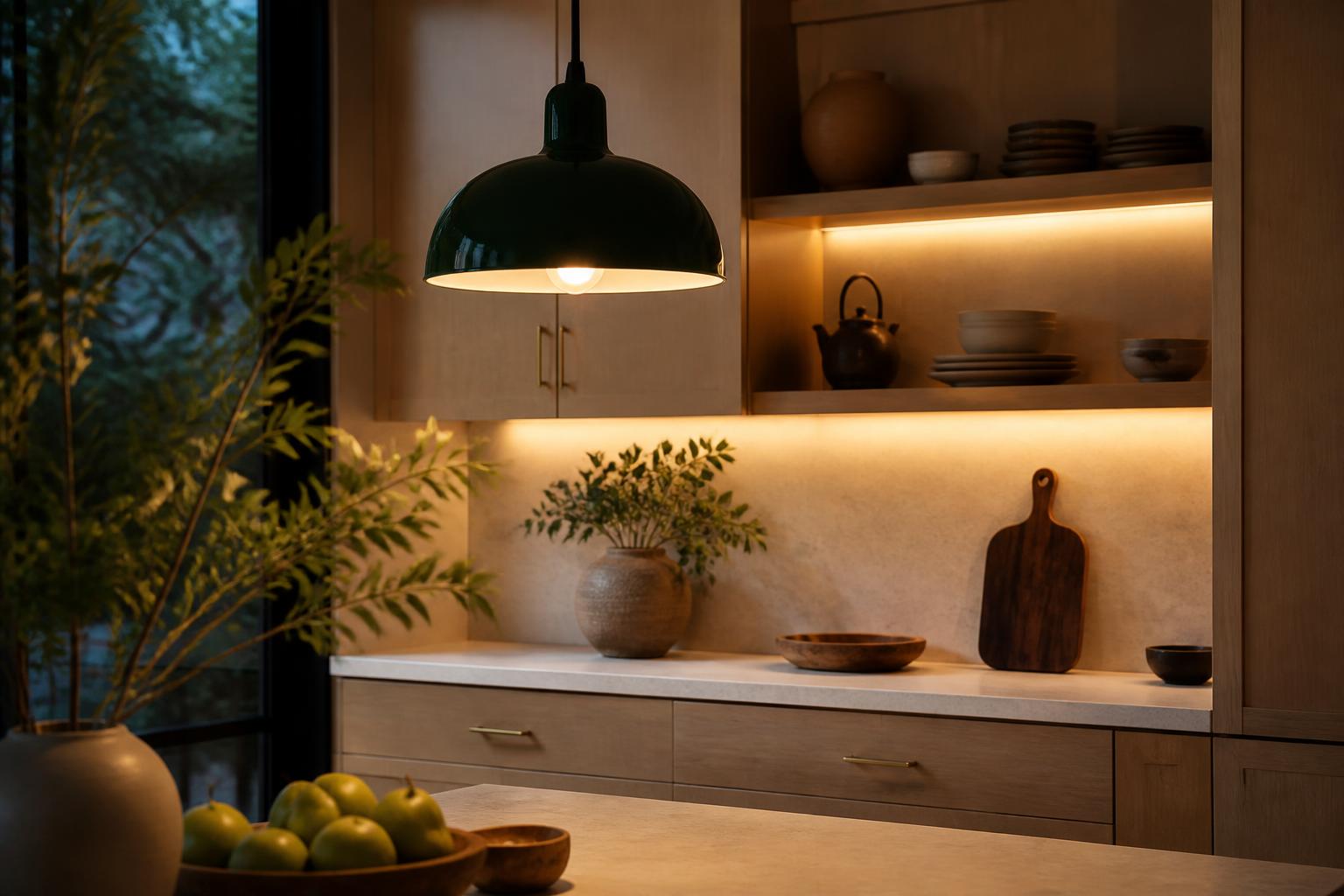 Cuisine japandi bois clair suspension verte éclairage en couches ambiance intime