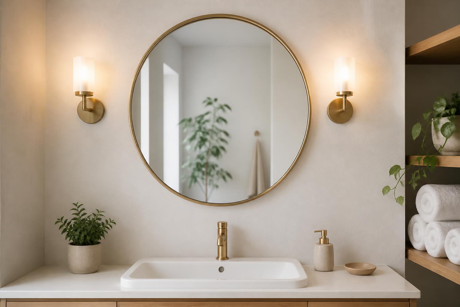 Deux appliques latérales en laiton brossé éclairant un miroir rond minimaliste salle de bain