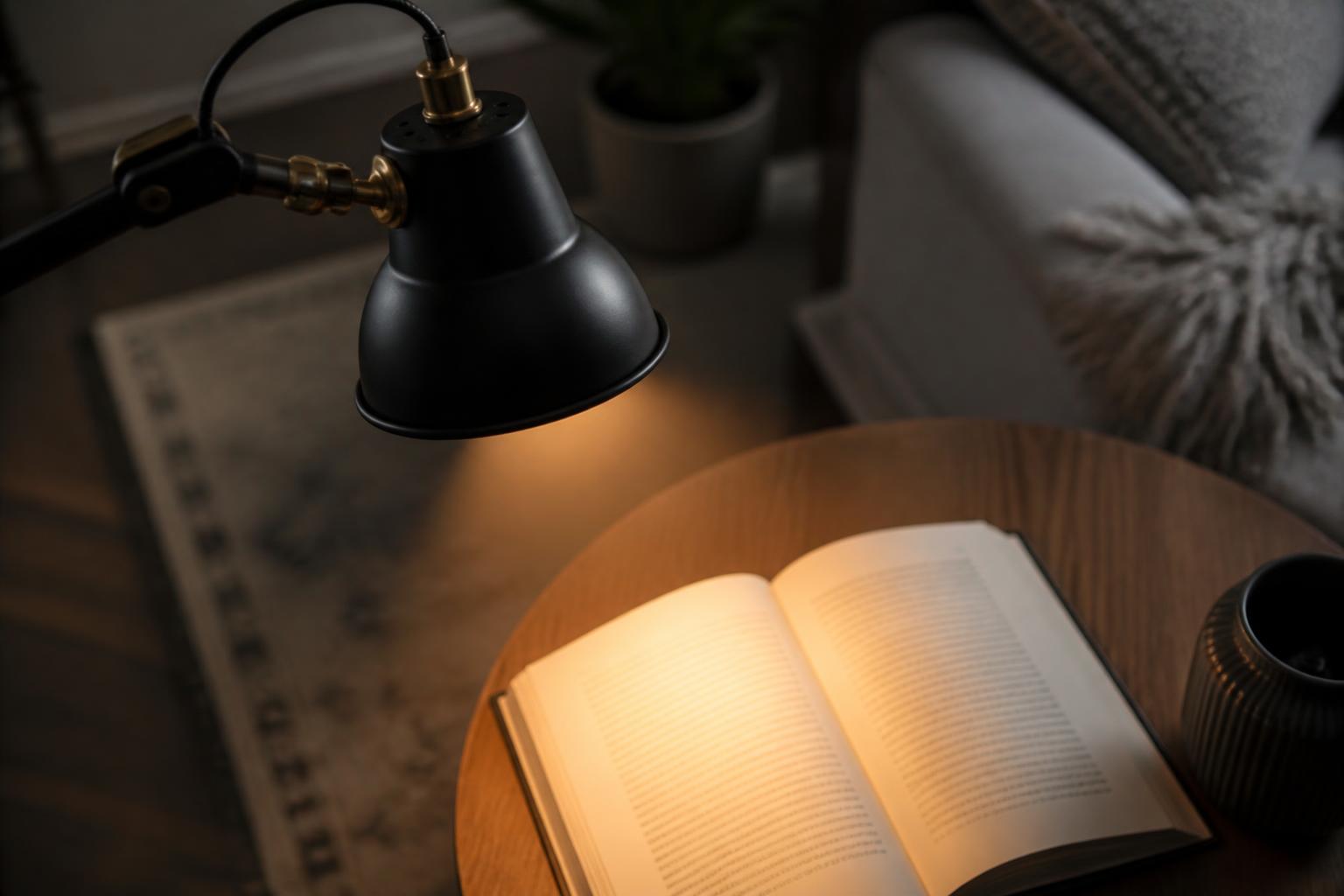 Faisceau lumineux lampadaire liseuse orienté sur livre ouvert coin lecture