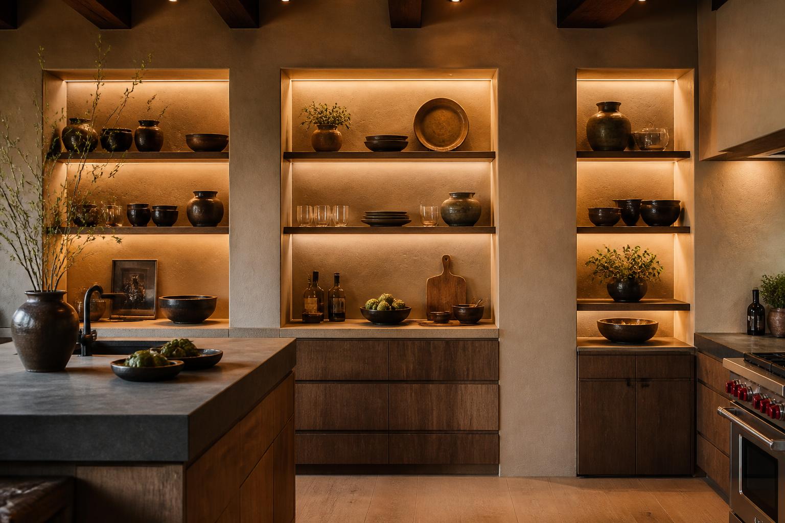 Éclairage indirect intégré niches étagères ouvertes cuisine design 2026
