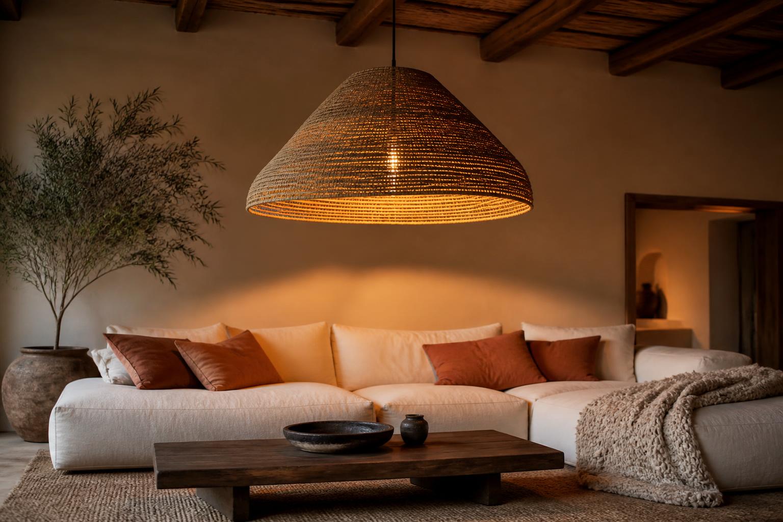 Grande suspension structurante canapé salon éclairage cocooning cosy