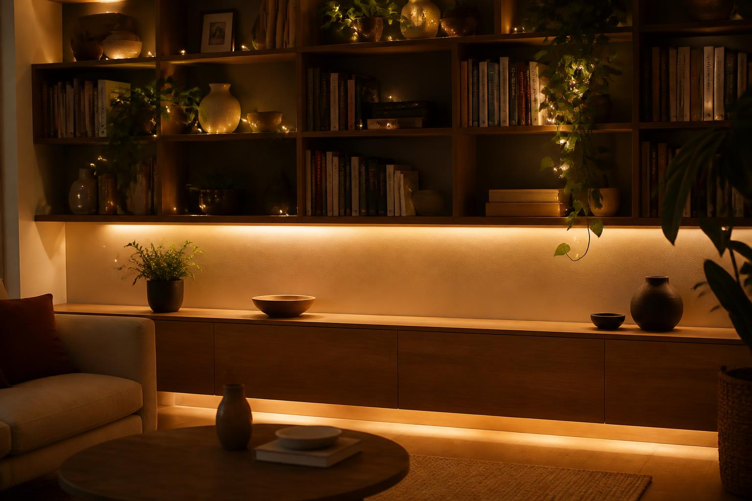 Guirlandes lumineuses bibliothèque ruban LED chaud salon cosy discret