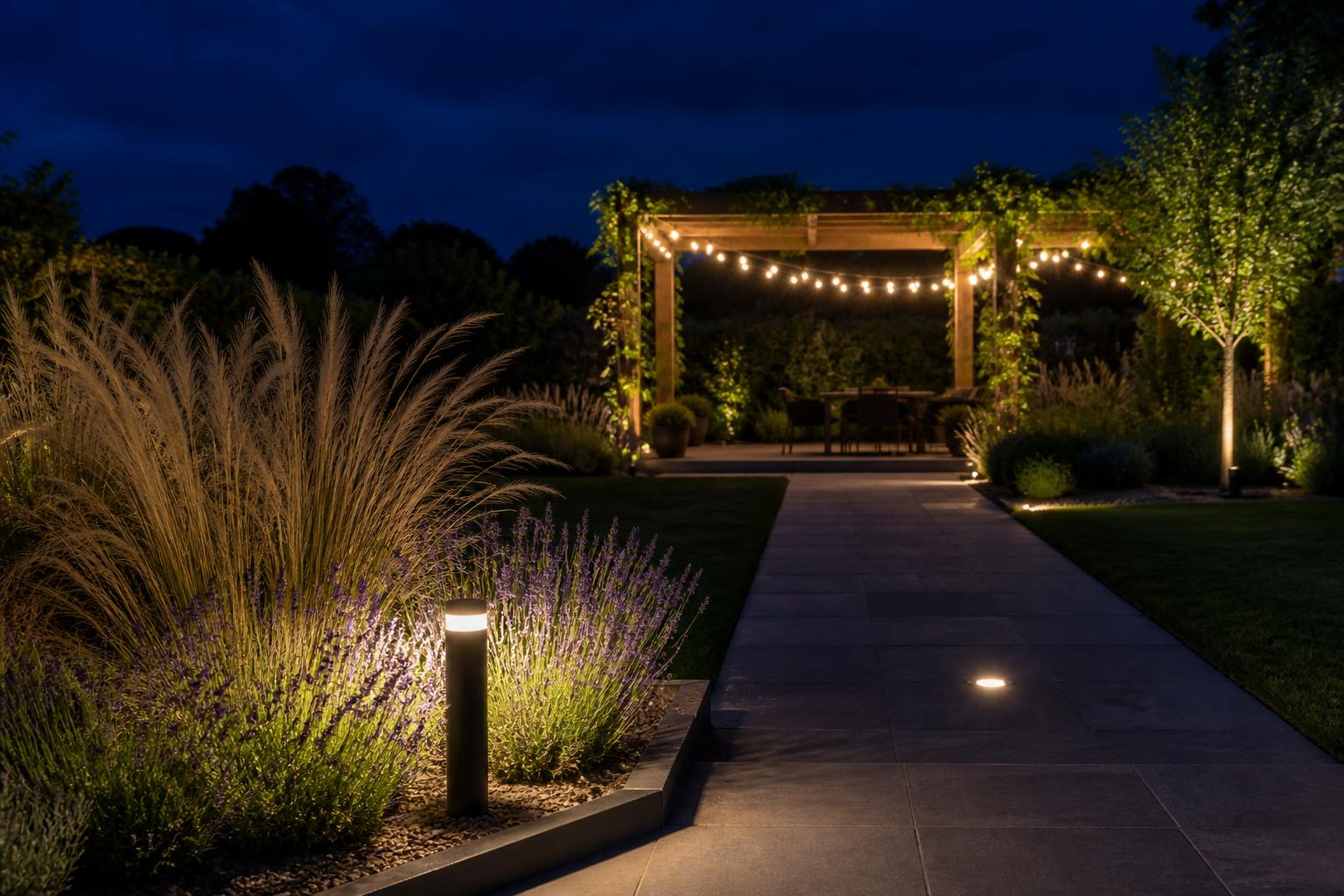 Jardin nocturne avec borne, spot encastré et guirlande sur pergola extérieure