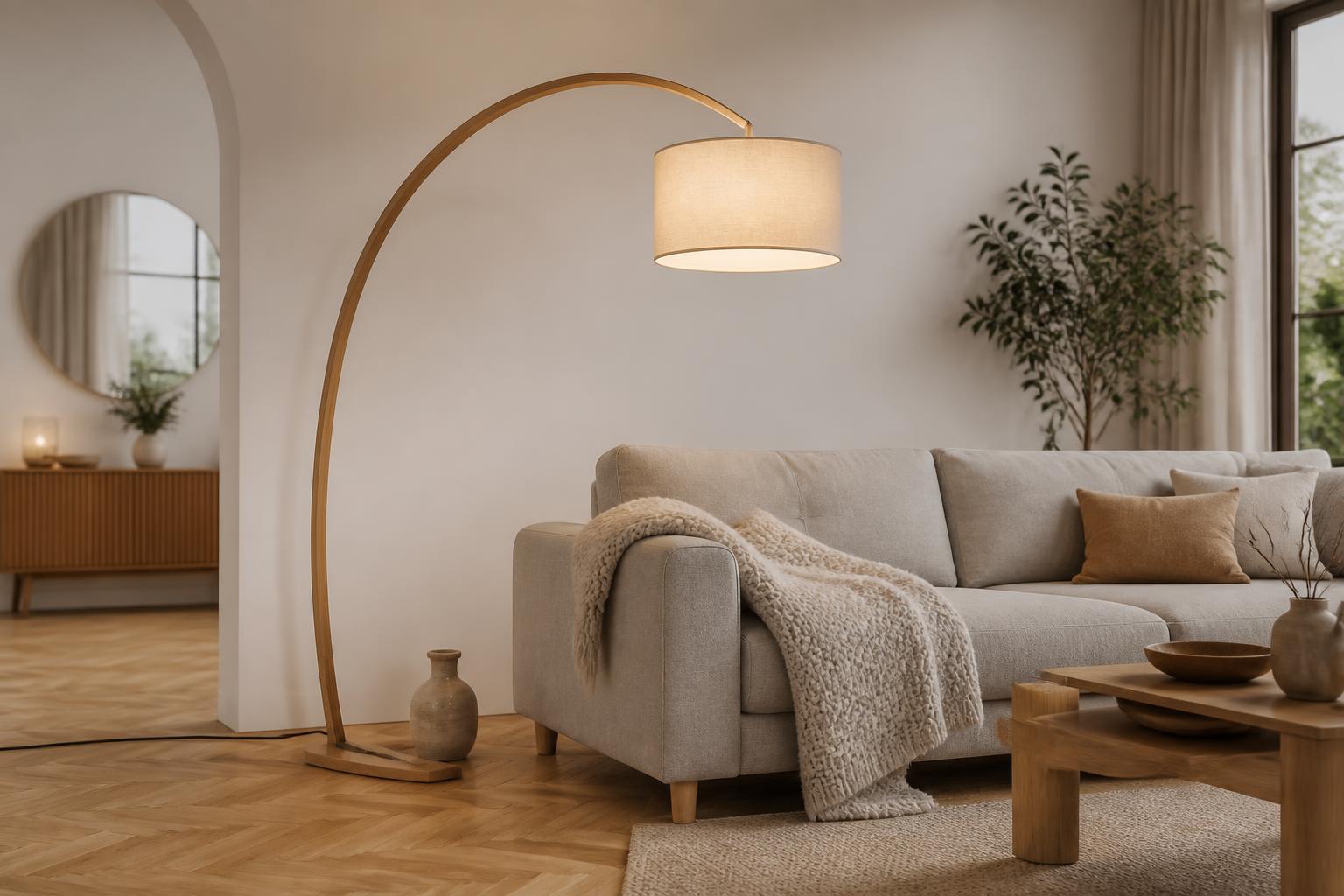 Lampadaire arc bois naturel abat-jour lin canapé gris salon scandinave