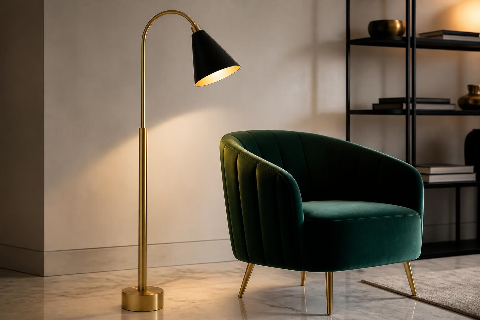 Lampadaire doré art déco bras flexible abat-jour conique fauteuil velours vert