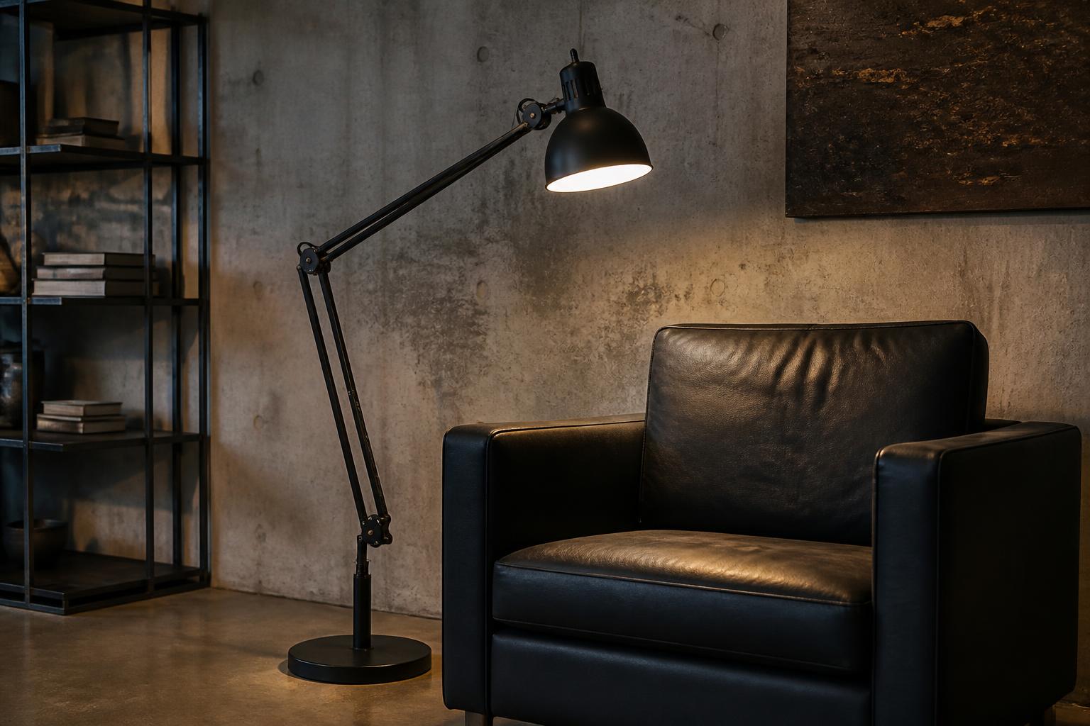 Lampadaire liseuse noir mat bras articulé style industriel salon béton
