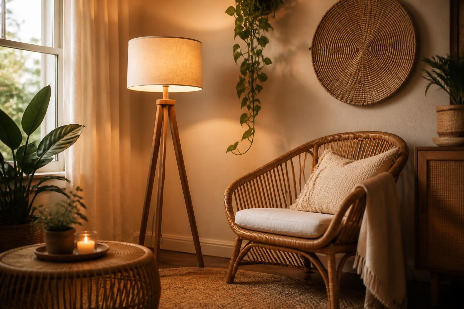 Lampadaire trépied bois abat-jour écru fauteuil rotin ambiance bohème cosy