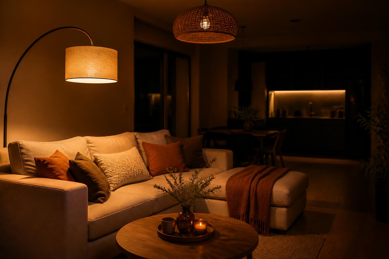 Salon cosy le soir avec lampadaire chaud, cuisine ouverte en arrière-plan éteinte