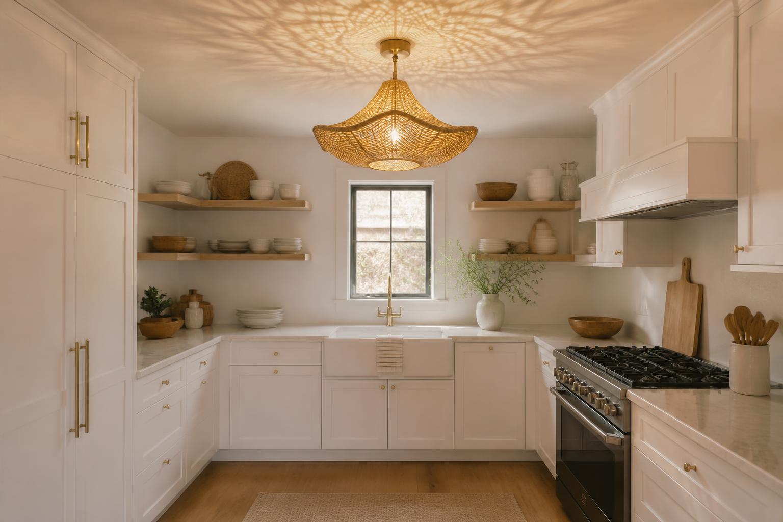 Plafonnier design rotin laiton dans petite cuisine blanche moderne