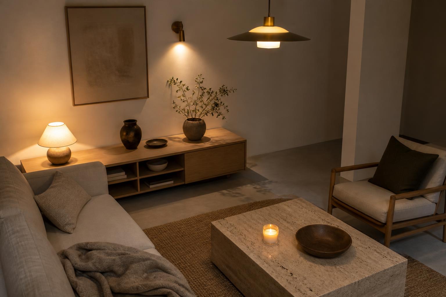 Coin salon avec quatre sources lumineuses à hauteurs différentes règle éclairage