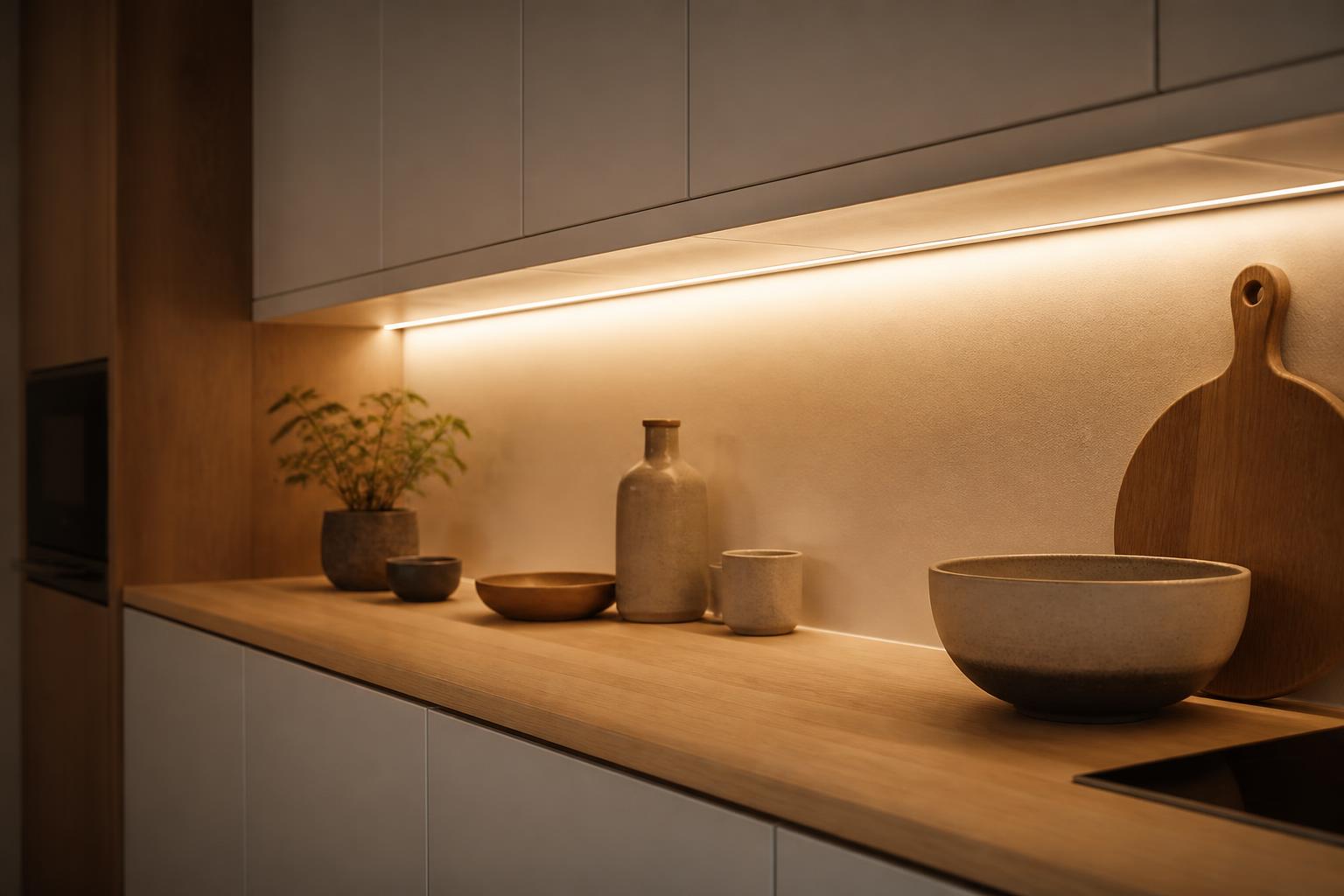 Réglette LED sous meubles hauts éclairage fonctionnel cuisine japandi