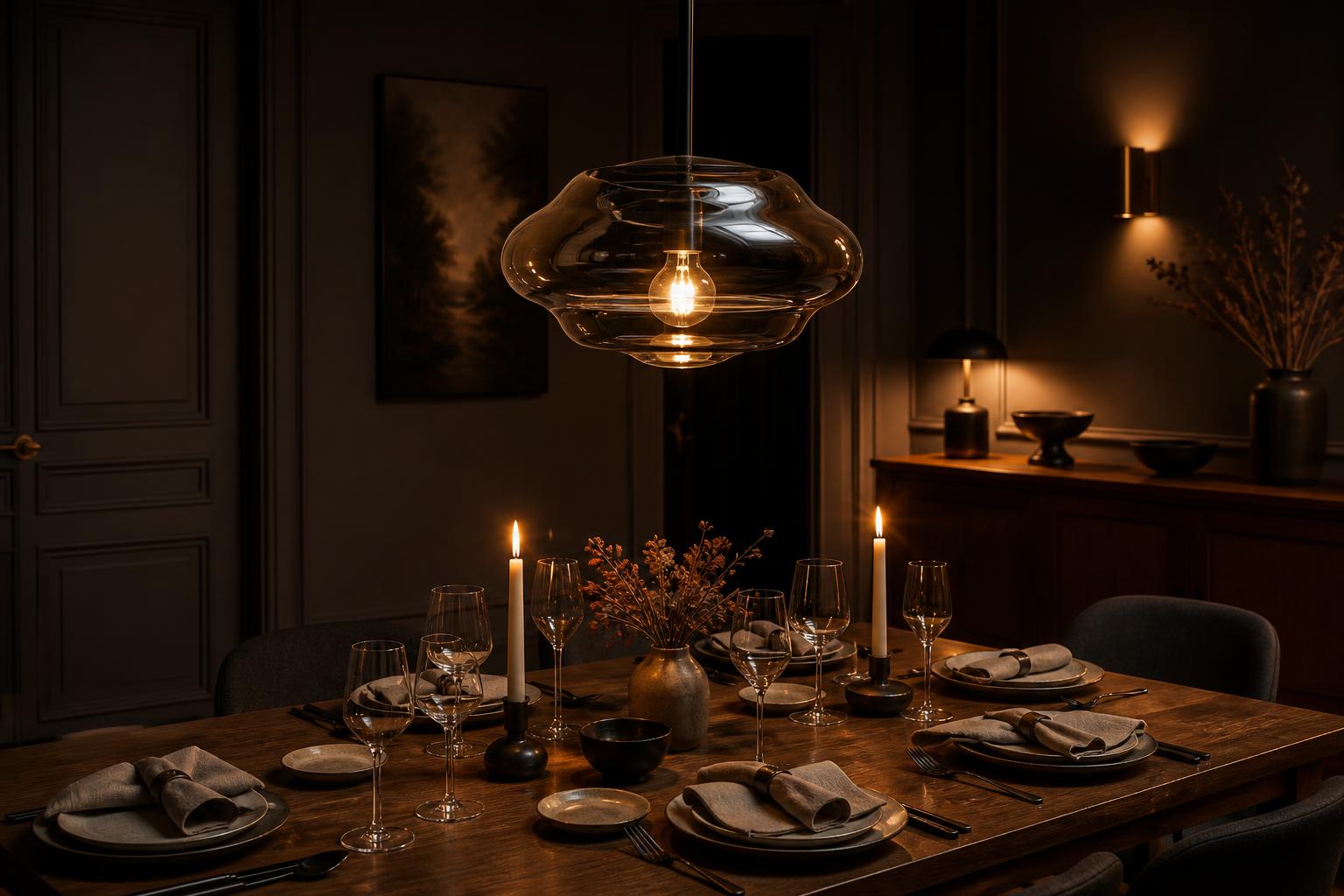 Salle à manger du soir avec suspension design et lumière indirecte sur buffet