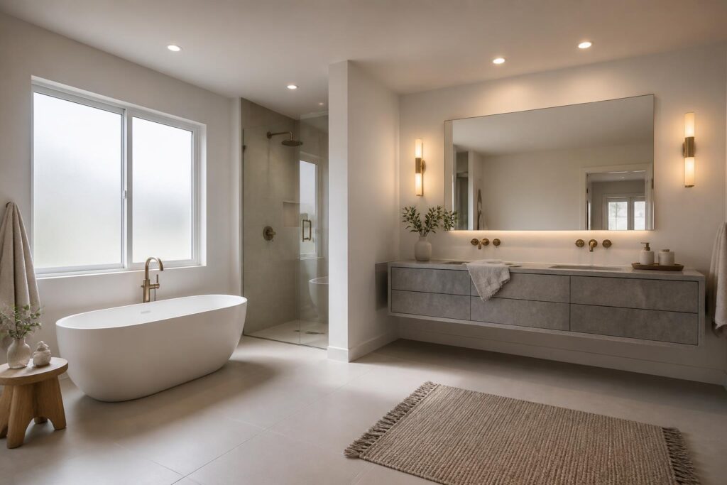 Salle de bain contemporaine éclairée par des appliques miroir et lumière naturelle